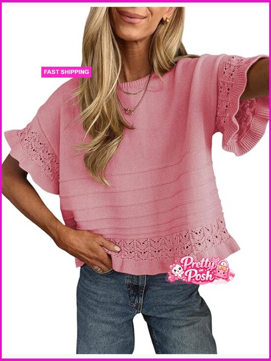 Sweaters - Short Sleeve Crochet Pullover Sweater with Ruffled Hem Crew Neck Summer Fall